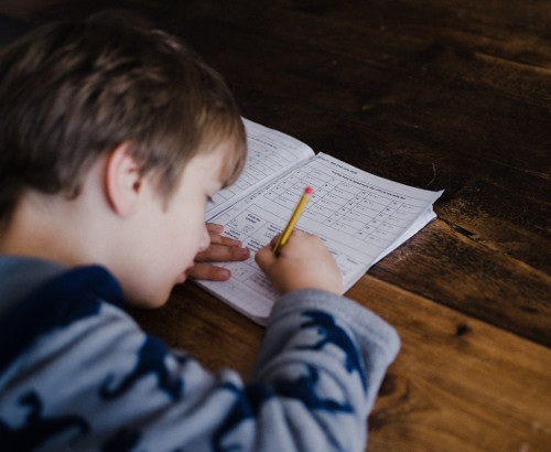 Boy works on homework